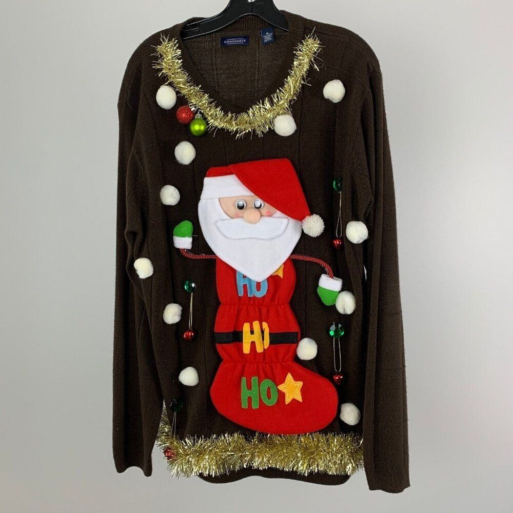 Ugly Christmas Sweater Men's Unisex XL Santa Stocking Unique Hand Crafted Bells